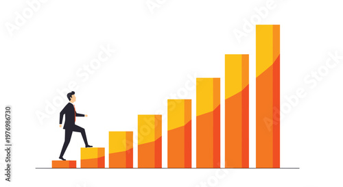 A determined professional businessman in a dark suit climbs a series of ascending orange bar graph columns that serve as a symbolic staircase to success.