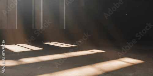 Dramatic light beams streaming into a dark empty room illuminating abstract floor patterns creating a moody and atmospheric scene