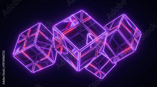 Glowing neon wireframe cubes floating in purple space background for futuristic banner and poster design
