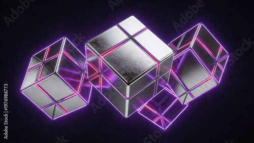 Metallic reflective cube and neon wireframe cubes on dark background for futuristic poster and product display