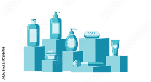 A pristine collection of various cosmetic skincare products including bottles, jars, and a makeup brush are arranged on tiered blue geometric display blocks.
