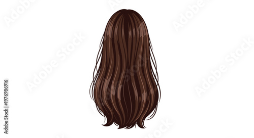 Luxurious long brown hair with elegant wavy textures and shimmering highlights is presented from a rear perspective against a plain white background.