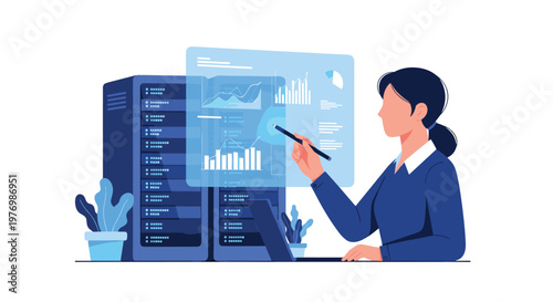 A focused female IT specialist interacts with a translucent digital interface featuring complex data charts and graphs within a modern server room.