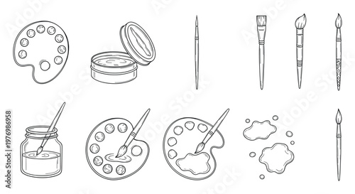 Outline drawing and painting tools collection for creative art projects featuring various palettes brushes and paint containers perfect for craft supplies or educational material