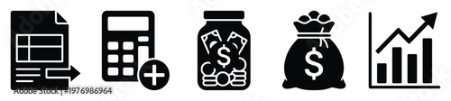 Financial accounting and budget management icon set illustrating business growth, savings, and calculation for various economic and investment presentations and reports