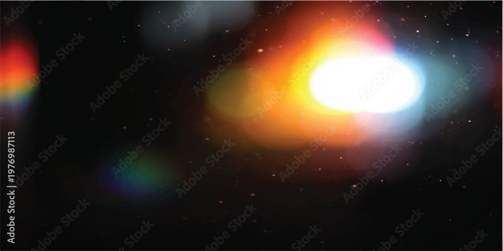 Fototapeta premium A glowing sun and moon shine amidst clouds in a fantasy nebula sky featuring a spiral galaxy and supernova light within a dark outer space universe