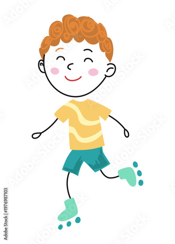 Energetic boy gliding happily, Smiling youth with curly hair rollerblading energetically, Cheerful boy with curly hair gliding on pavement with arms wide and broad smile