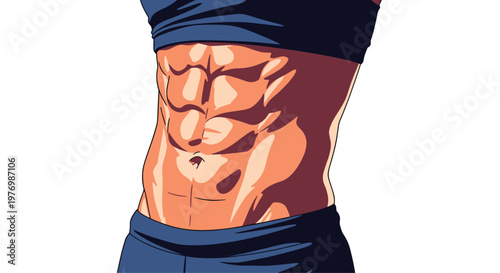 A detailed illustration captures a tanned male torso with exceptionally defined abdominal muscles wearing dark navy blue athletic shorts on a white background.