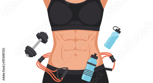 A muscular male torso with defined abdominal muscles is surrounded by floating fitness equipment like a grey dumbbell and blue water bottles on white space.