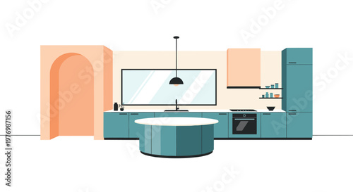 A contemporary kitchen space showcases sleek teal blue cabinets and a large central island complemented by a soft peach colored arched doorway and window view.