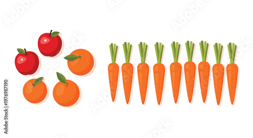 A group of vibrant red apples and juicy oranges sits beside a neat row of nine fresh orange carrots with bright green leafy tops on a plain white background.