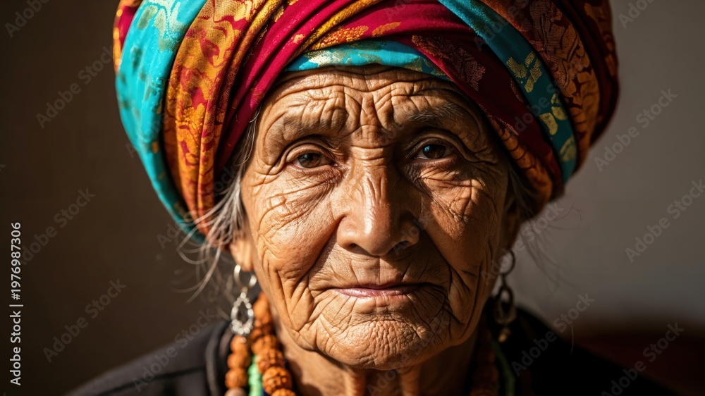 Fototapeta premium Close up portrait of an elderly indigenous woman with deep wrinkles wearing a colorful turban