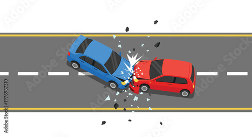 A blue car strikes the side of a red vehicle at a sharp angle causing a dramatic spray of shattered glass and dark metal debris on the asphalt road.