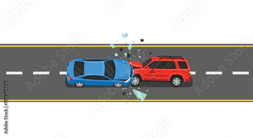 A blue sedan and a red SUV experience a violent head-on collision in the center of a two-lane asphalt road with shattered glass debris scattered.