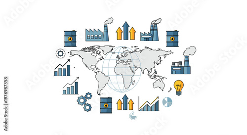 A detailed flat vector world map is surrounded by various colorful industrial icons such as oil barrels and factories on a white backdrop with bright colors.