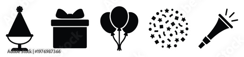 Collection of festive celebration icons including a party hat gift box balloons confetti and a noise maker perfect for event invitations digital greetings and festive occasion branding