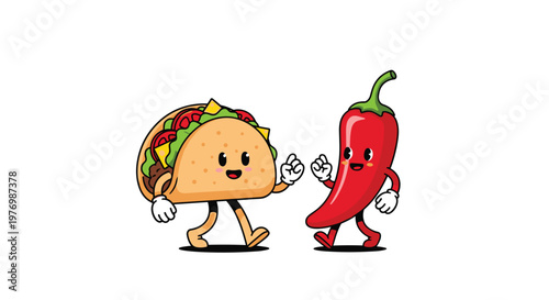A vibrant and cheerful anthropomorphic taco and a red chili pepper character walk together against a plain white background in a bright and colorful style.