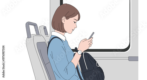 A young female passenger with short brown hair sits comfortably on a grey bus seat while focused on her mobile smartphone screen during transit.