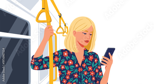 An elegant blonde woman wearing a dark floral blouse stands inside a public transport vehicle while holding a yellow pole and using her dark smartphone.