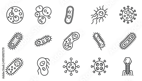 Diverse microorganism outline icons representing various shapes of bacteria, viruses, and microscopic germs for educational science and medical health related presentations and infographics