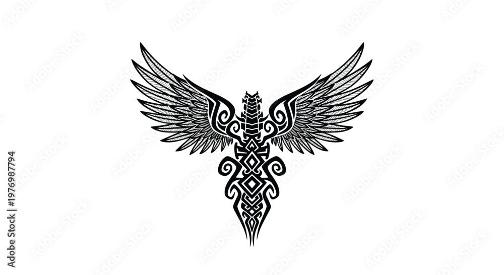 Obraz premium A meticulously detailed black tribal emblem featuring sharp geometric patterns and expansive feathered wings stands out against a pristine and solid white background.