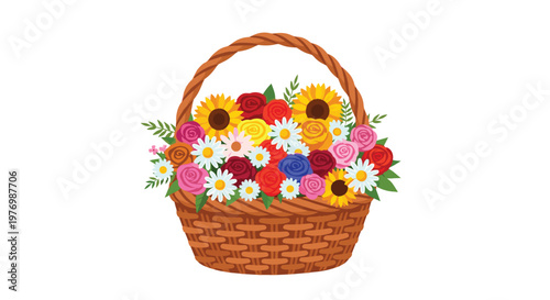 A charming brown woven basket is filled to the brim with a dense and colorful arrangement of sunflowers, roses, and daisies against a plain white background.