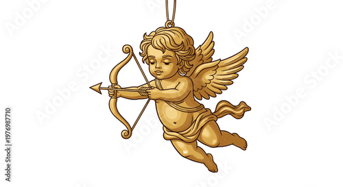 Meticulous golden cupid figurine ornament with detailed wings and a drawn bow hangs gracefully against a pristine white background in a horizontal frame.