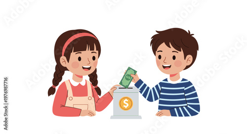 Generous young girl and boy work together to place a green paper dollar bill into a white donation box featuring a prominent gold coin emblem.