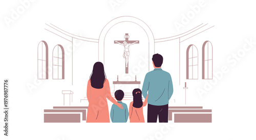 Respectful family of four stands together in a bright church sanctuary while looking toward a large central crucifix mounted on the wall above the altar.