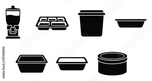 Diverse range of food service and takeaway packaging silhouettes including drink cups, multicompartment trays, and storage boxes for restaurant menus and digital presentations