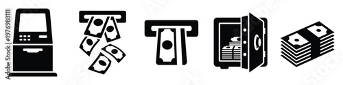 Modern banking and money icons including an ATM, cash deposit, withdrawal, a secure safe, and banknote piles, ideal for financial technology, economic reports, and service applications.