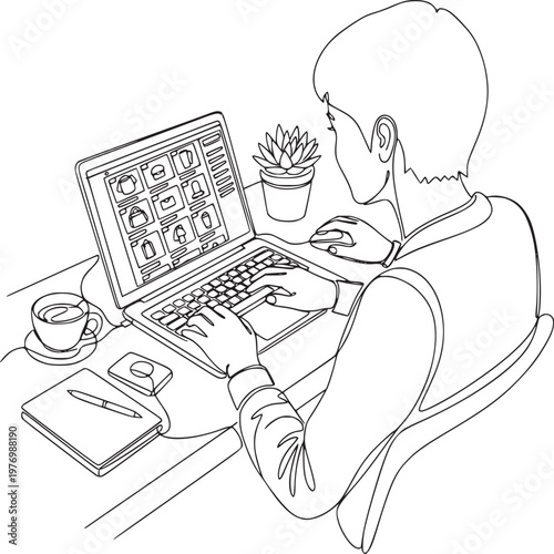 illustration of person multitasking with laptop and coffee during creative work from home