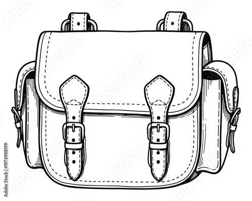 Detailed handdrawn outline illustration of a classic leather satchel or school backpack, ideal for educational content, merchandise design, or customizable print projects.