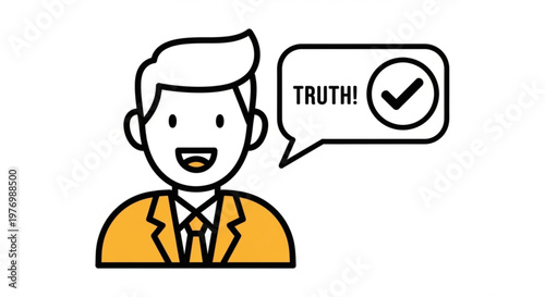 Man speaking truth with a checkmark in speech bubble simple flat illustration for concepts of honesty verification and positive feedback