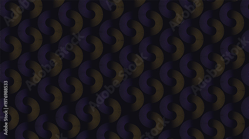 Luxury geometric seamless pattern with gold and purple circular lines on dark background.