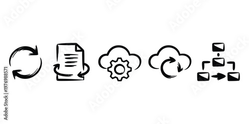 doodle style workflow and automation icons, black hand-drawn vector set, including cloud sync, document handling, process flow, task management, and system integration, business productivity.