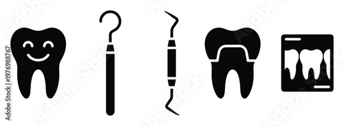 Essential dentistry icon collection featuring happy tooth, dental instruments, crown, and Xray for professional health and medical presentations