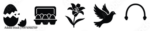Black silhouette symbols for Easter and spring celebrations featuring broken egg egg carton lily flower dove and arch ideal for religious events and seasonal decorations
