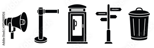 Modern collection of essential public utility icons such as a megaphone, crowd control barrier, phone booth, signpost, and trash bin, suitable for various urban and communication