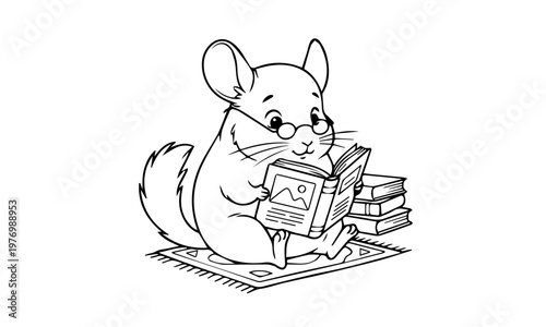 A charming chinchilla diligently writing with a pen and wearing glasses. Coloring page, Black and White Line Art Printable for Kids and Adults