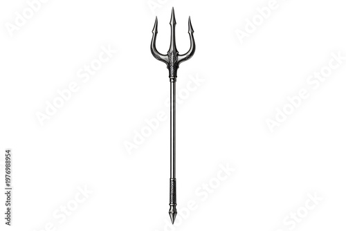 Shiny metal trident spear isolated on black background, fantasy weapon and trishul symbol concept suitable for mythology, power, protection, and dramatic design projects