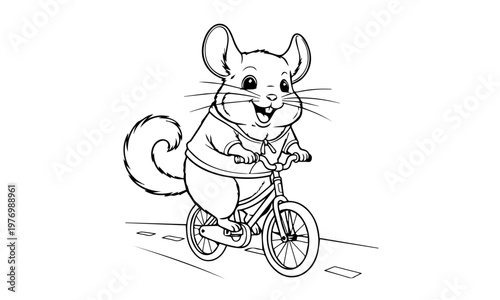 A charming chinchilla happily rides a bicycle down a paved pathway. Coloring page, Black and White Line Art Printable for Kids and Adults
