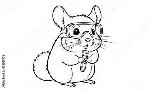 A charming chinchilla scientist wears safety goggles and holds a test tube.Coloring page, Black and White Line Art Printable for Kids and Adults