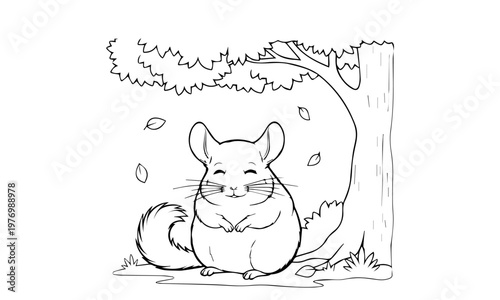 A happy chinchilla sits beneath a tree with falling leaves in a line drawing. Coloring page, Black and White Line Art Printable for Kids and Adults