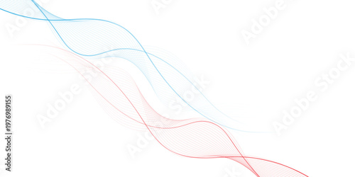 Abstract flowing wave lines in blue and red, minimalist vector background with soft curved smoke shapes, elegant motion design for corporate banners