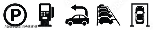 Diverse car parking icons showcasing parking availability payment options directional prompts and stacked garage facilities suitable for transportation planning automotive services and