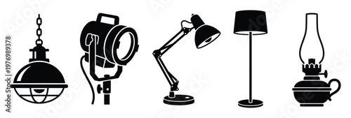 Variety of different lamp types including industrial, studio, desk, floor, and kerosene lights in silhouette perfect for home decor, lighting store, or educational material designs