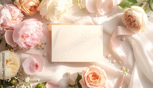 Floral Invitation Mockup with Roses Pearls and Ribbon