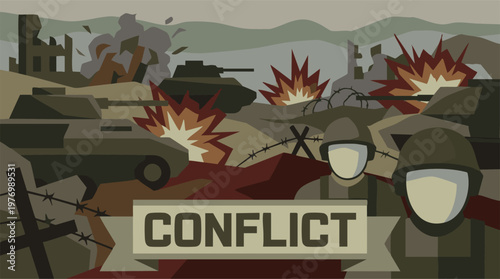 Abstract battlefield scene with soldiers, tanks, and explosions representing conflict