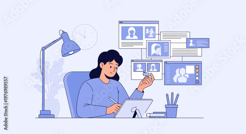 A woman designer using a tablet and stylus collaborates with AI, surrounded by digital interfaces and profile icons.